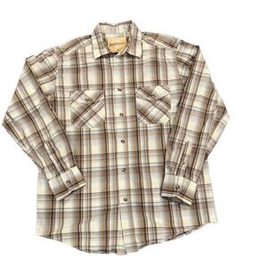 Ruff Hewn Shirt Mens Medium Beige‎ Plaid Roll Tab Long Sleeve Button Up Pockets